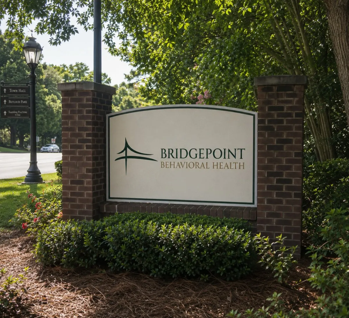 The Bridgepoint Behavioral Health monument sign at the campus entrance on Barrington Drive in Roswell, Georgia